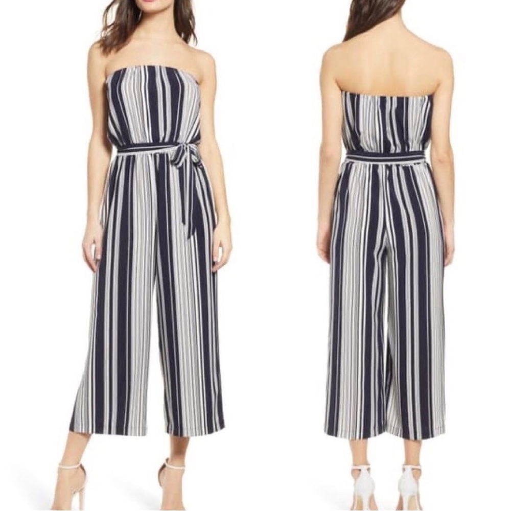 Socialite Blue and White Strapless Cropped Wide Leg Jumpsuit Medium